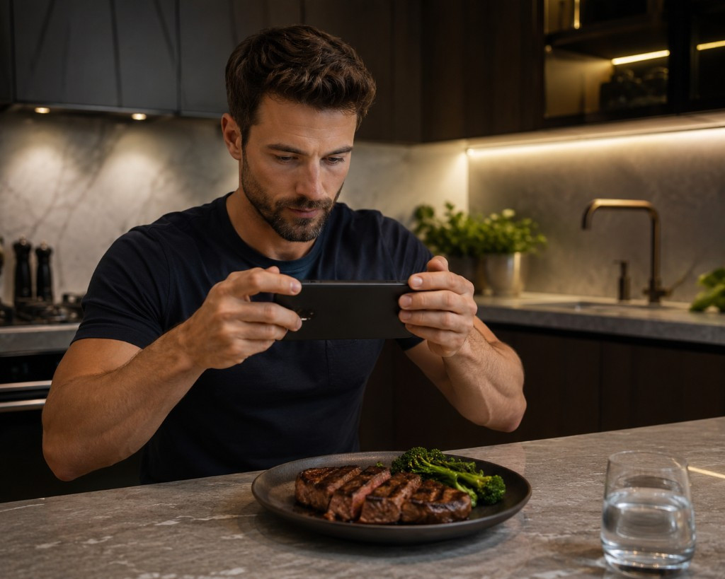 Photographing a steak and broccoli meal with Protein Cam on a phone